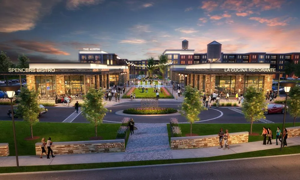 Artist’s rendering of the Parkway District restaurant plaza in Corinth, TX, at dusk