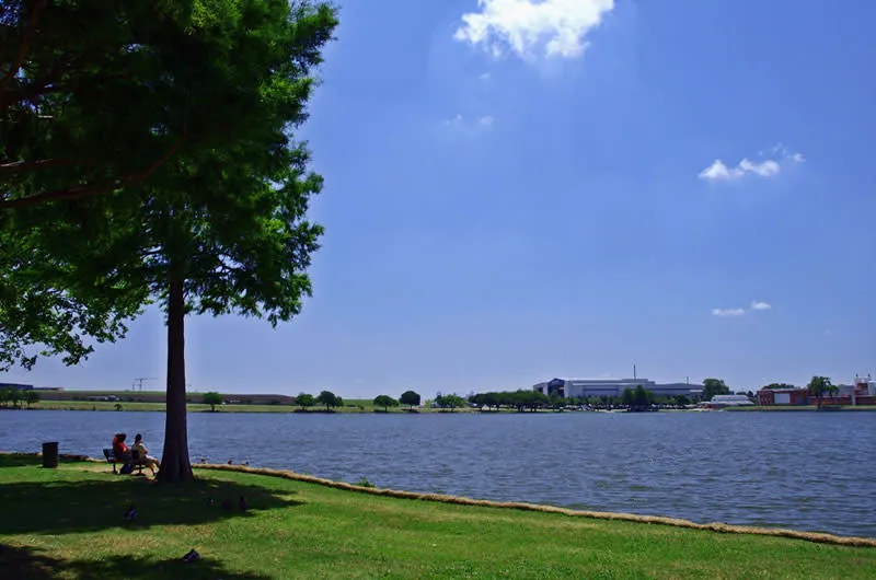Lakeside park with a large shade tree and people sitting by the water in Lake Dallas, TX