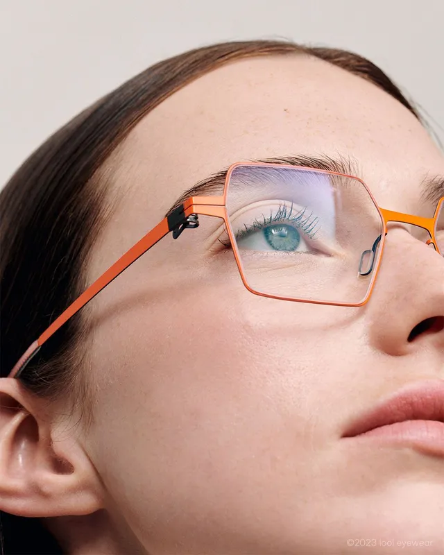Close-up of orange geometric LOOL frames
