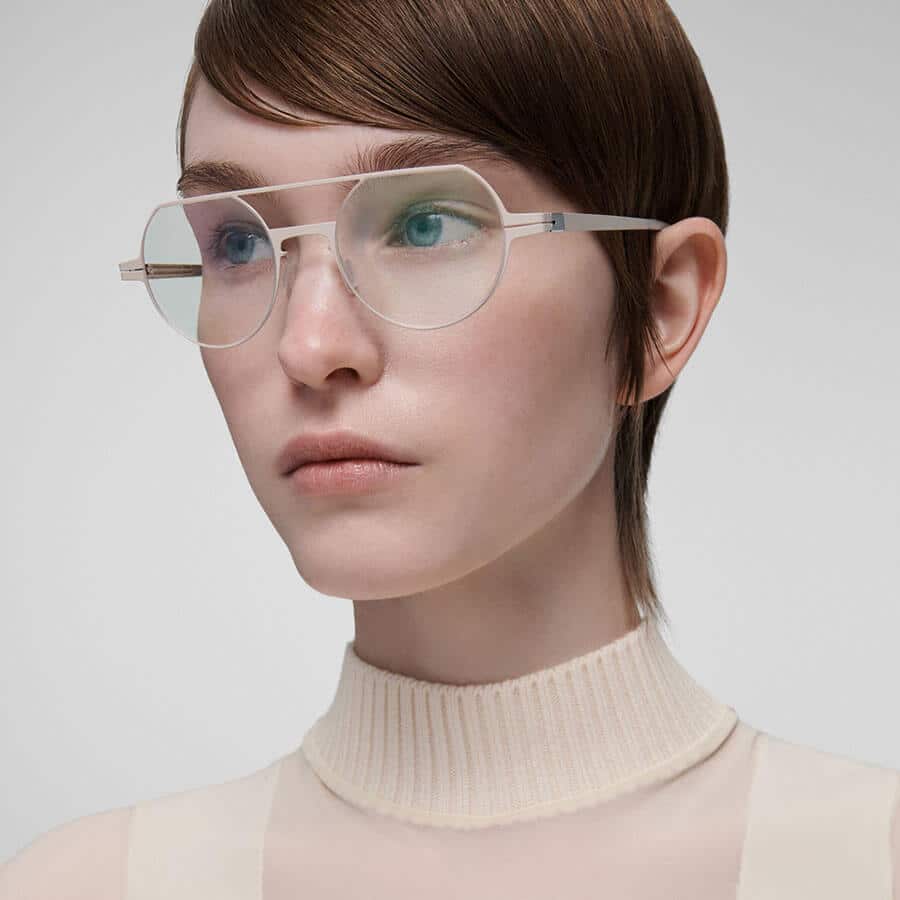 Woman wearing clear rimless LOOL frames