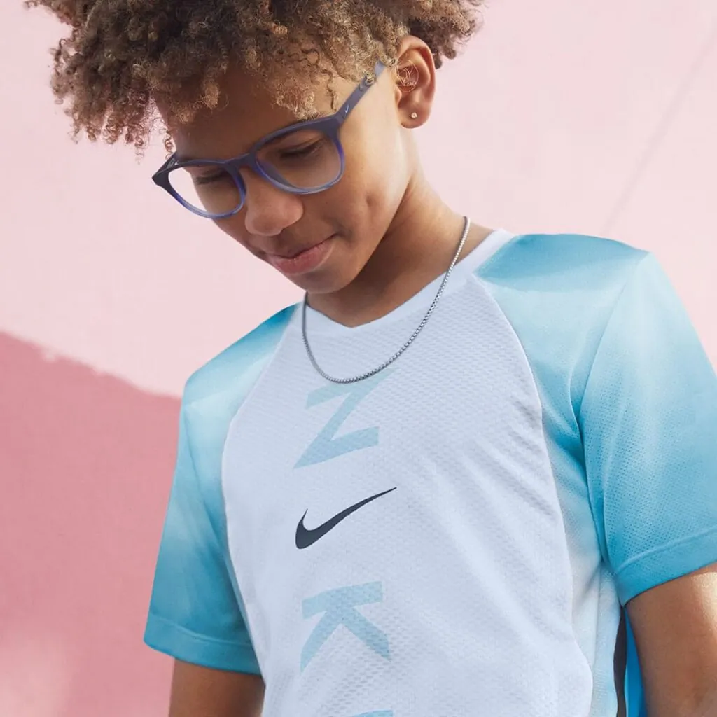 Boy wearing blue Nike frames and a Nike T-shirt