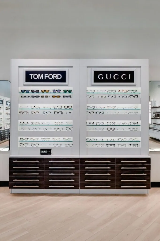 Tom Ford and Gucci frame displays in the Village Vision Center optical